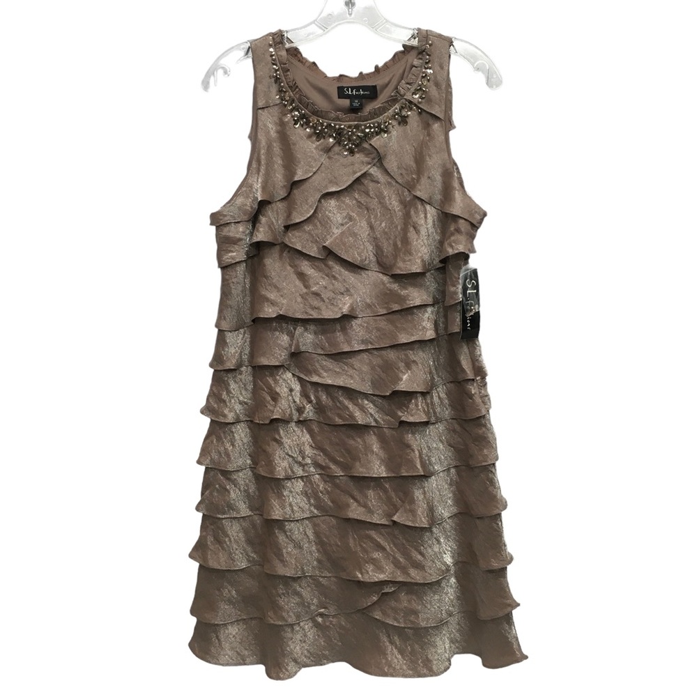 S.L. Fashions Beaded Neck Shimmer Tiered Dress Taupe NWT Misses size 14